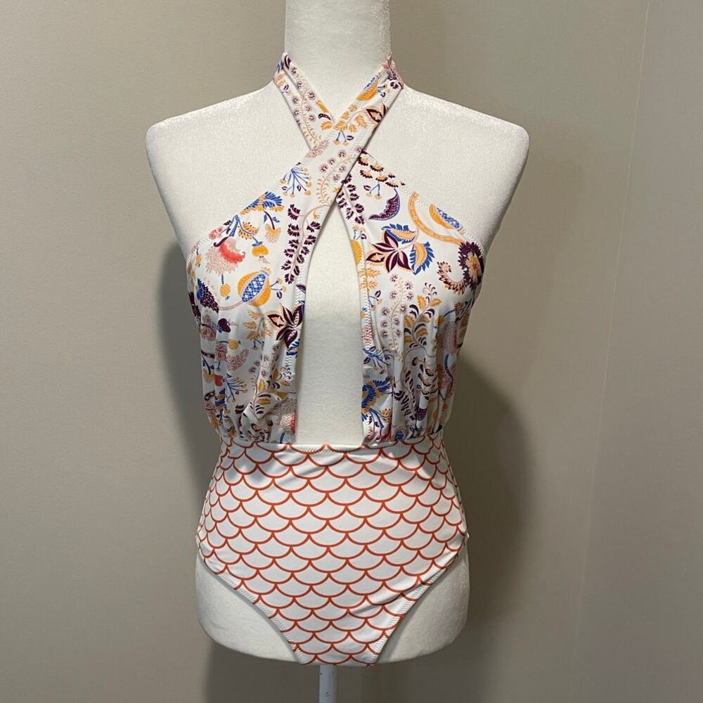 CUPSHE One Piece Swimsuit NWT Sz M Mermaid Floral Halter Tie Neck Deep Plunge - Picture 10 of 10